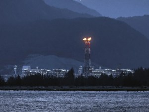 A flame on a tower at a LNG facility on the ocean.