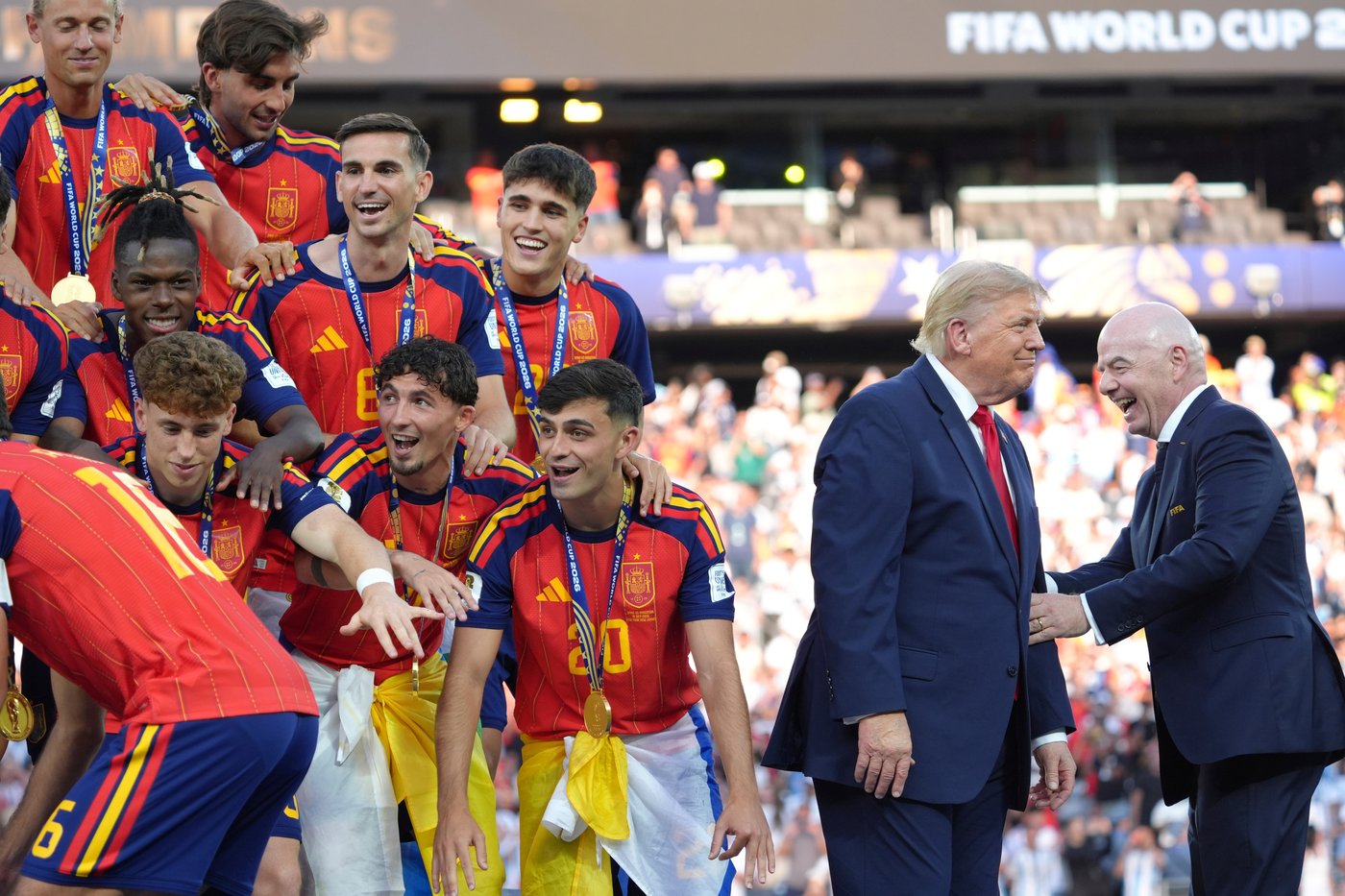 Trump celebrates the World Cup as a US victory as he presents trophy to the winner, Spain | iNFOnews.ca Trump celebrates the World Cup as a US victory as he presents trophy to the winner, Spain | iNFOnews.ca