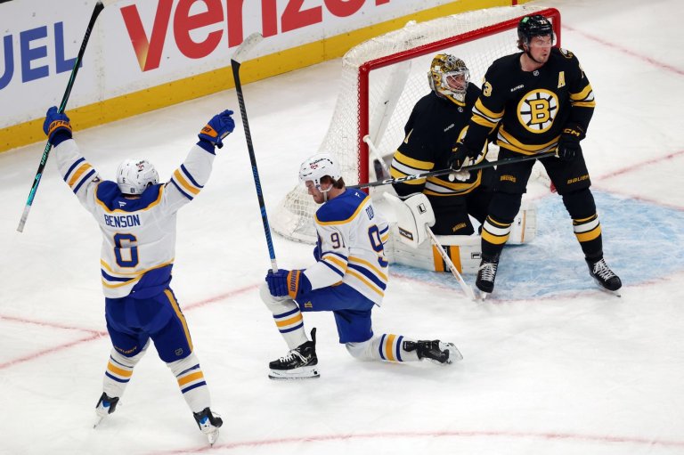 Sabres erupt for 4 goals in first period, win 6-1 to push Bruins to 3-1 hole in series | iNFOnews.ca