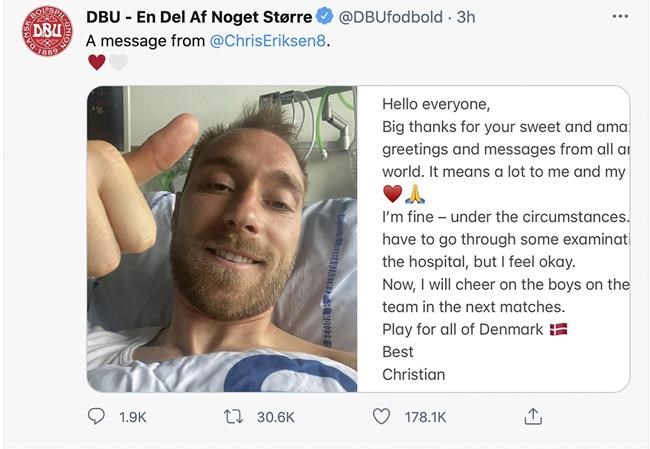 Eriksen sends public thank you message from hospital | iNFOnews.ca Eriksen sends public thank you message from hospital | iNFOnews.ca