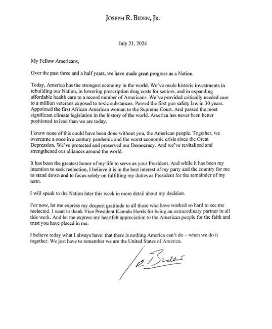 Here's the letter that Biden wrote to say he would no longer seek reelection | iNFOnews.ca Here's the letter that Biden wrote to say he would no longer seek reelection | iNFOnews.ca