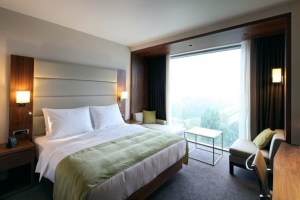 A picture of a nice hotel room.