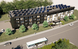 A rendered image of an apartment building.