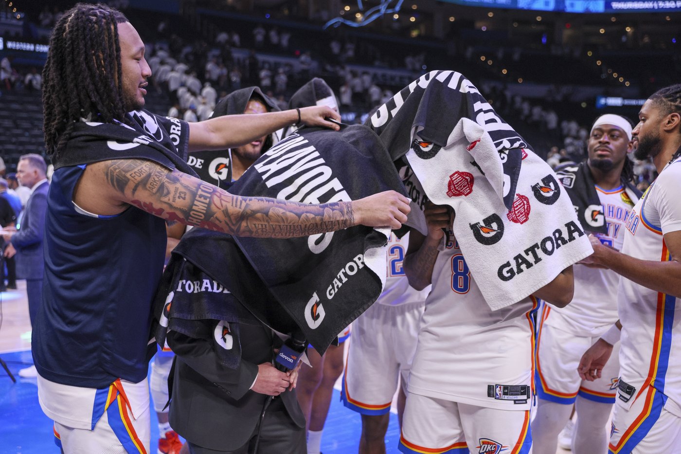 He can handle anything the Oklahoma City Thunder throw at him. He's sideline reporter Nick Gallo | iNFOnews.ca He can handle anything the Oklahoma City Thunder throw at him. He's sideline reporter Nick Gallo | iNFOnews.ca