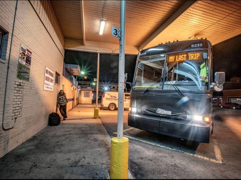 A Greyhound bus at the former Penticton bus depot.