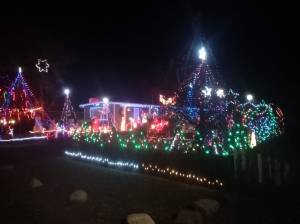 A residential home and property is glowing with Christmas lights at night.
