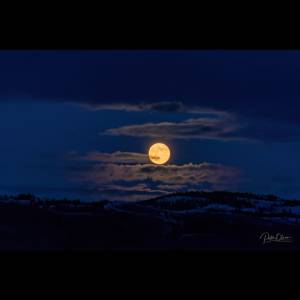 A full moon shines from behind whisps of clouds in a dark blue night sky.