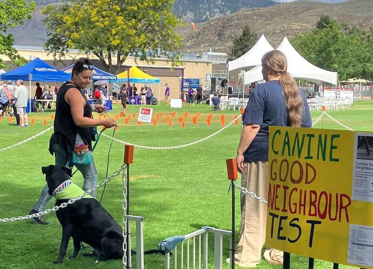 A dog sits by its owner on a grassy field.