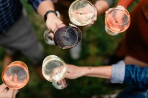 People holding wine glasses and toasting.