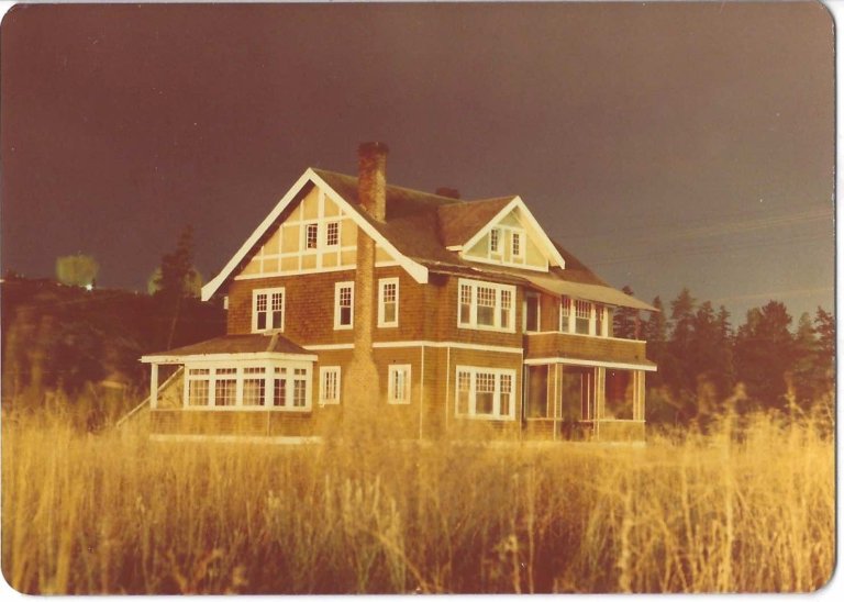 A three-storey house sits on an field with trees behind it.