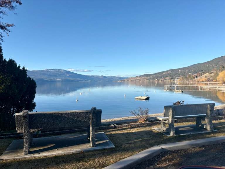 Benches overlooking a beach and lake.