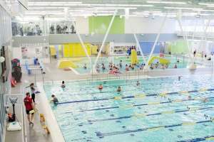 People swimming in a pubic pool.