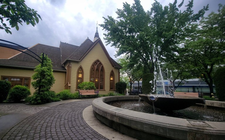 A church is pictured with a water fountain in the forefront. SUBMITTED/Jennifer Jones