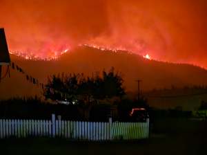 A mountain is lit up with wildfire at night.