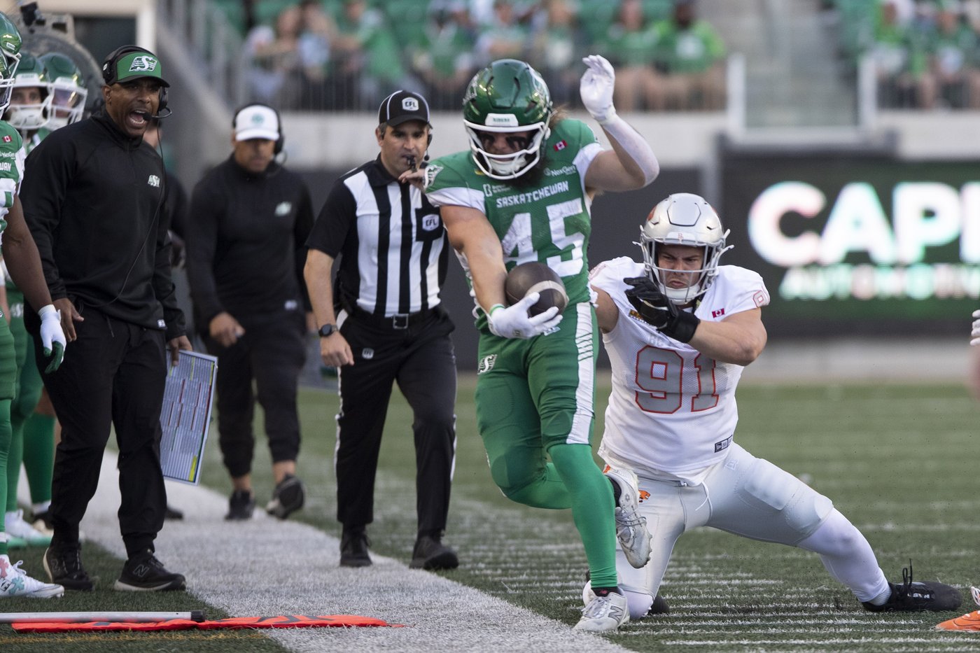 Emilus scores three TDs, Roughriders rally in final minute to edge Lions 31-27 | iNFOnews.ca