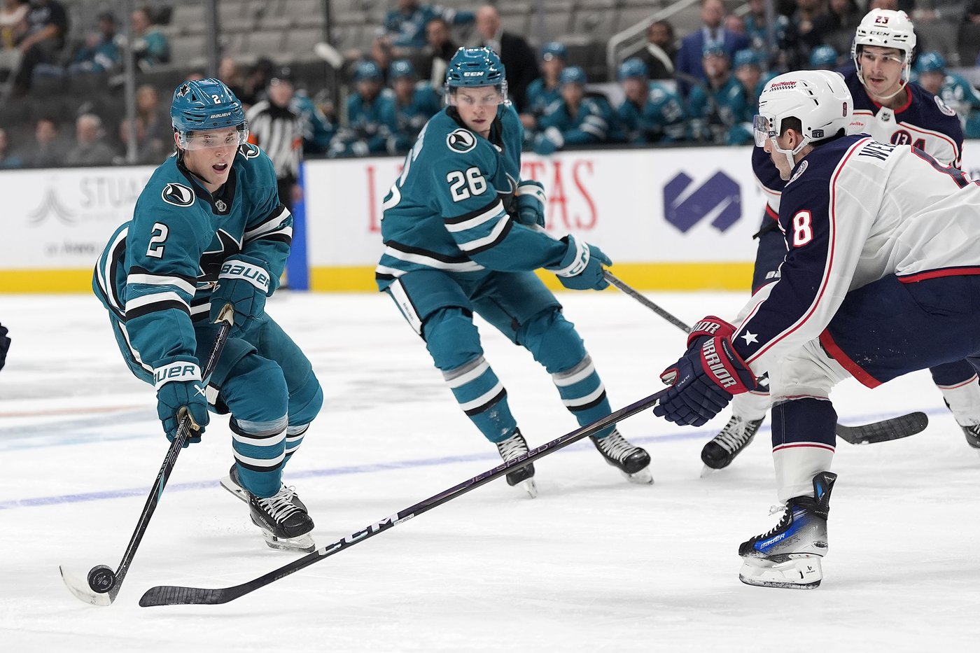 Celebrini returns from injury and Wennberg scores in OT to lift Sharks over Blue Jackets 2-1 | iNFOnews.ca