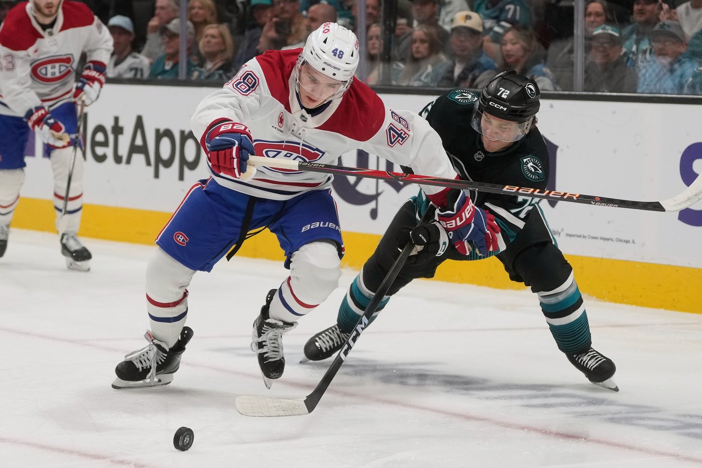 Celebrini nets 4 points, Sherwood scores winner as Sharks tip Canadiens 7-5 | iNFOnews.ca