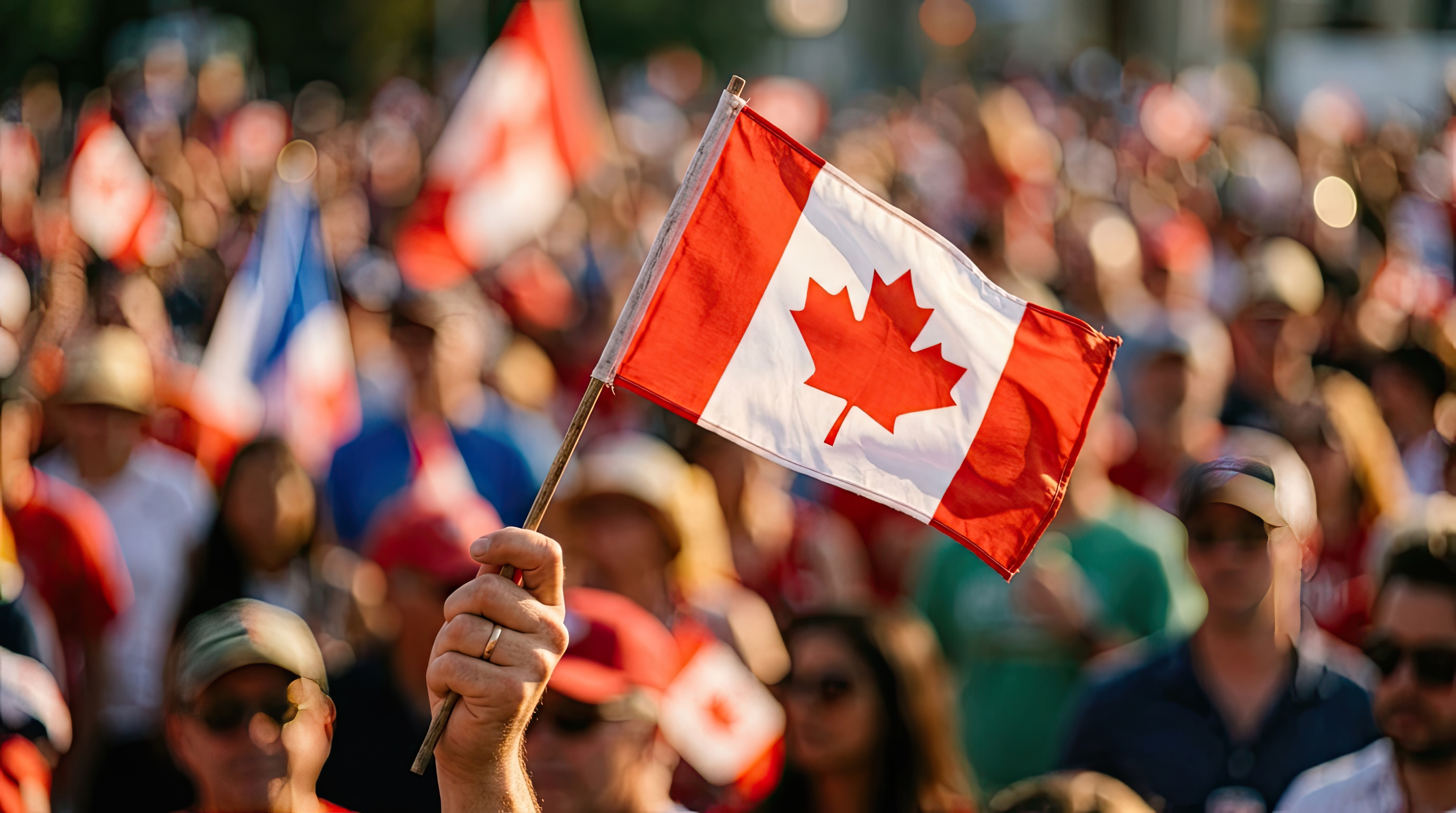 Person holds canadian flag during canada day celebration in crowd, blurred background of people and other flags under bright sunlight.