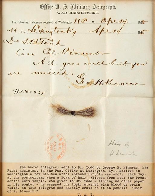 Lock of Lincoln's hair and bloodied telegram up for auction | iNFOnews.ca