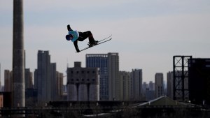 A skier in mid-air.