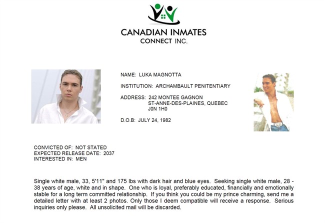 In search for 'prince charming,' Luka Magnotta joins dating site for prisoners | iNFOnews.ca CP33659078