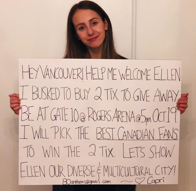 B.C. teen gives away tickets to Ellen Degeneres show, plans O Canada welcome | iNFOnews.ca