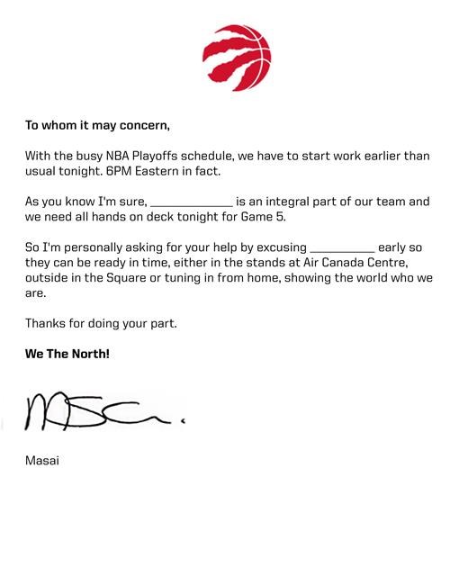 Toronto Raptors creates sick notes to excuse fans from work for early start time | iNFOnews.ca Toronto Raptors creates sick notes to excuse fans from work for early start time | iNFOnews.ca