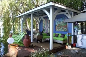 A covered, colourful, outdoor seating area.