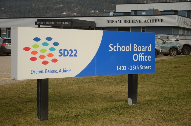 School District 22 sign outside its Vernon office building.