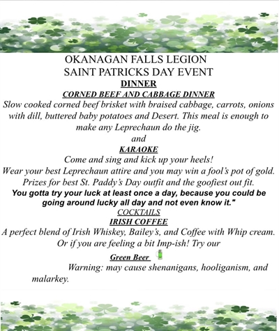 Okanagan Falls Legion St Patrick’s Day Event