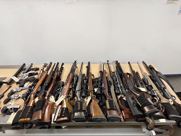 Handguns and rifles displayed on a table.