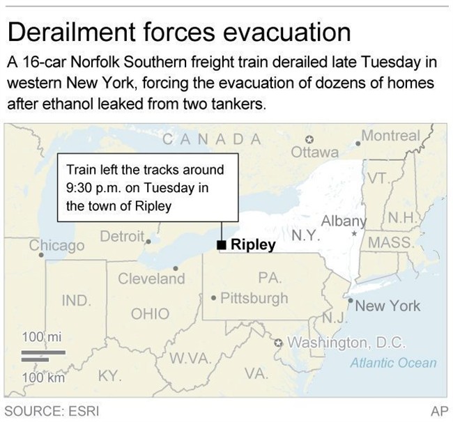 Crews work to clear NY tracks where 16 freight cars derailed | iNFOnews.ca CP36584846