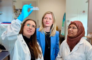 Three scientists looking at a slide.