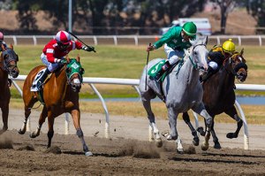 Horses race on a track.