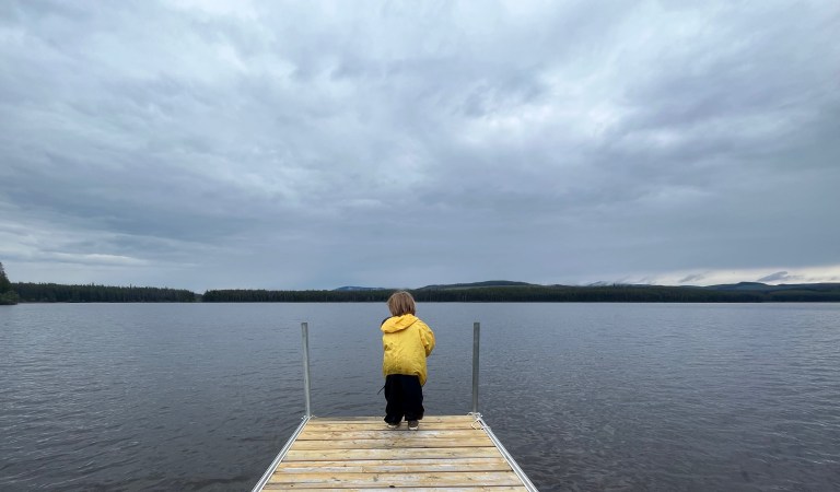 A child on a dock under a cloudy sky.