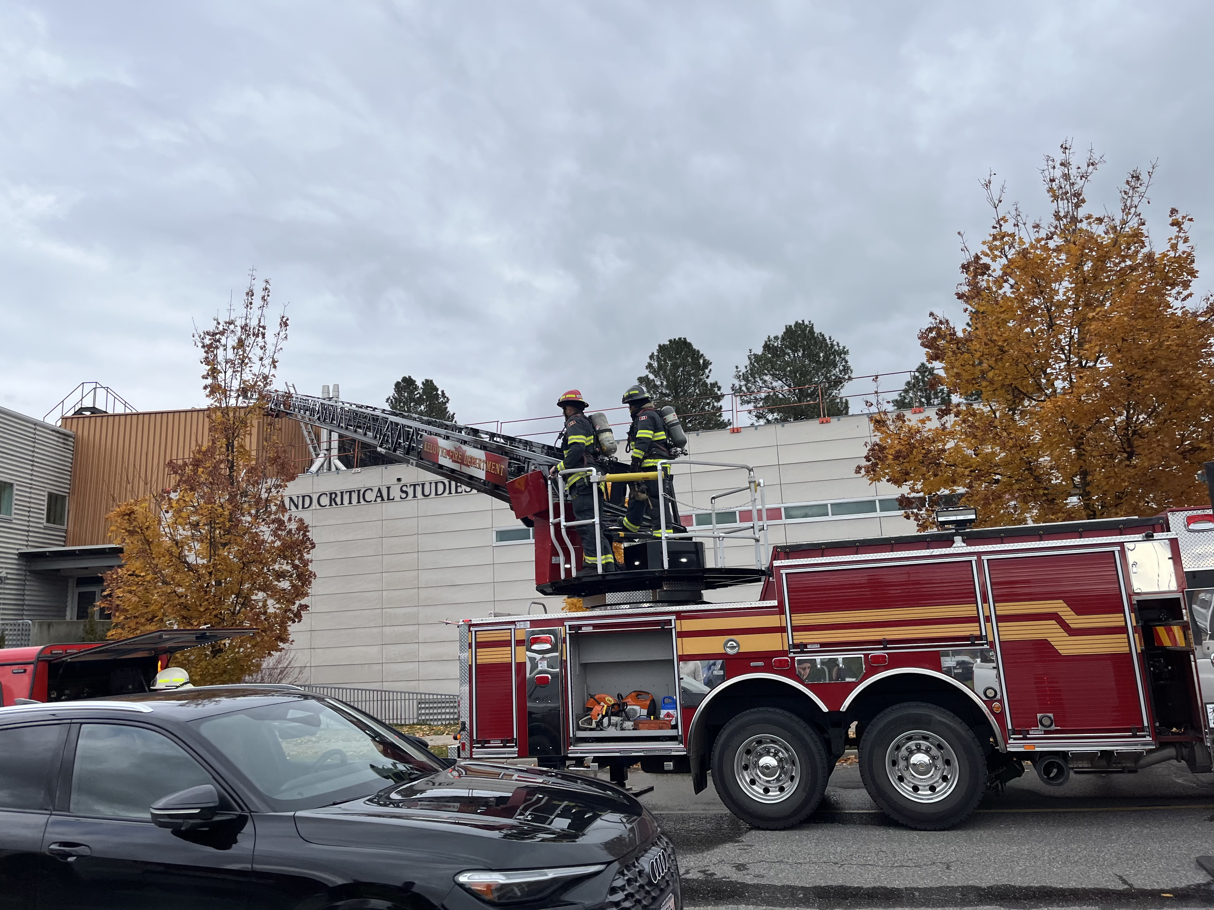 A fire truck with a ladder extended in UBCO.