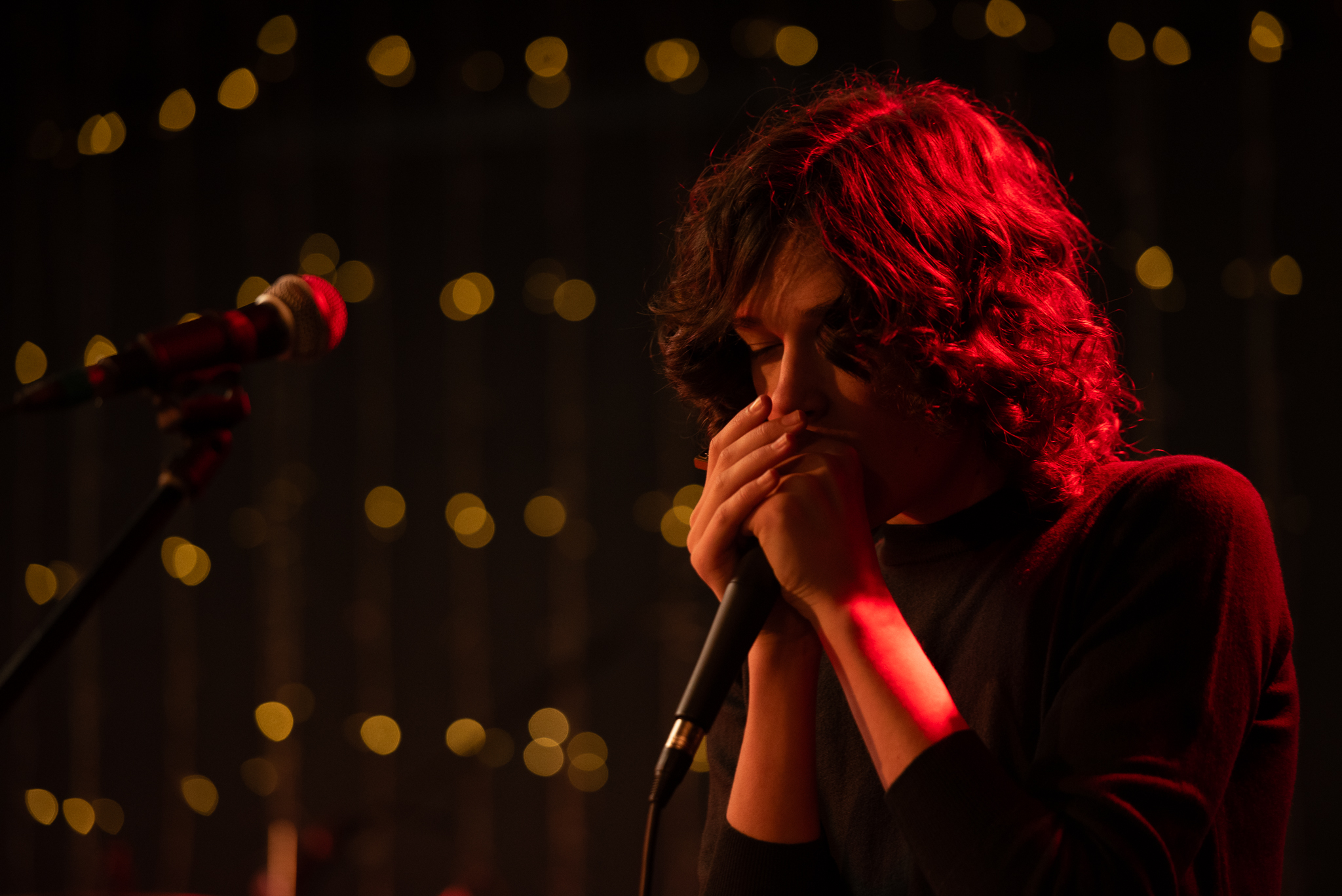A musician playing harmonica on stage.