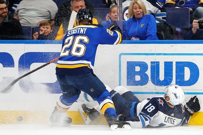 Connor Hellebuyck makes 34 saves, Jets beat Blues 4-0 | iNFOnews.ca
