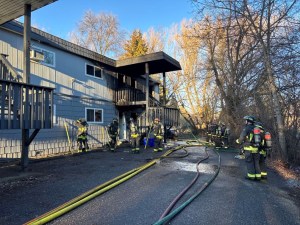 A two storey apartment building badly damaged by fire.