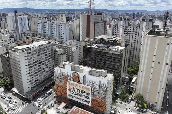 A Brazilian artist uses ash and mud for a massive Sao Paulo mural lamenting climate disasters | iNFOnews.ca