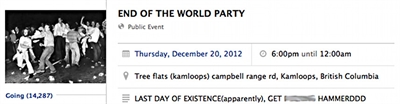 More than 14,000 Facebook guests confirmed for Kamloops 'end of world party' | iNFOnews.ca More than 14,000 Facebook guests confirmed for Kamloops 'end of world party' | iNFOnews.ca