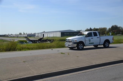 Three hurt after plane clips truck during landing, crashes at Langley airport | iNFOnews.ca