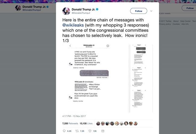 Trump Jr.'s WikiLeaks exchange adds intrigue to Russia probe | iNFOnews.ca Trump Jr.'s WikiLeaks exchange adds intrigue to Russia probe | iNFOnews.ca