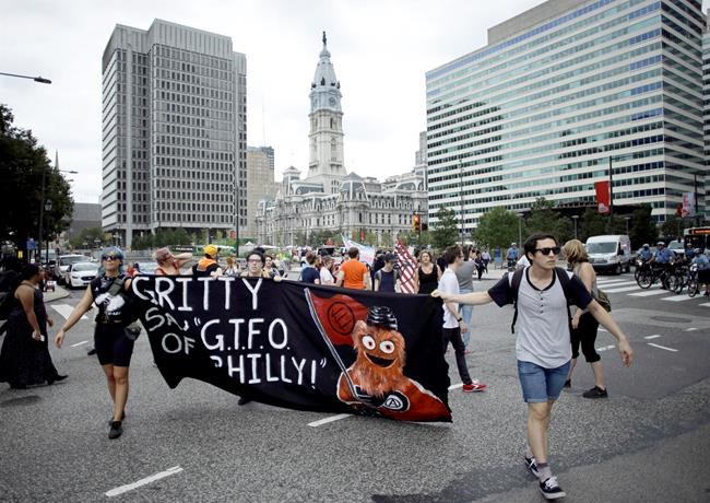 Protesters use images of Flyers' new mascot to decry Trump | iNFOnews.ca