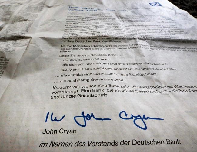 Deutsche Bank says 'sorry' in full-page German newspaper ads | iNFOnews.ca