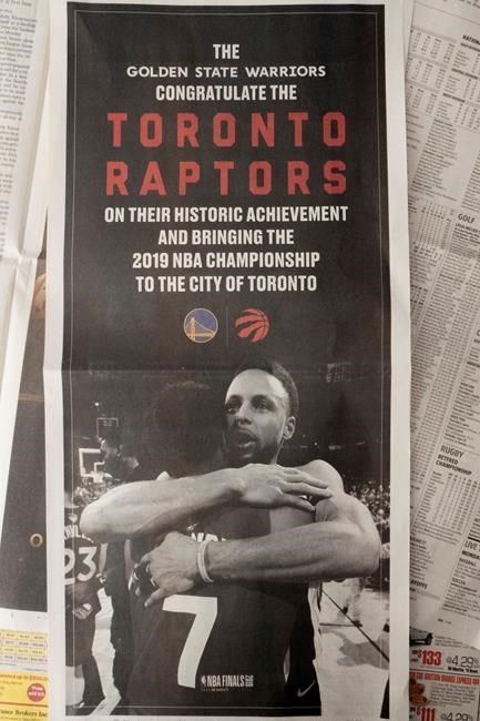 Classy Warriors congratulate Raptors on first NBA championship with full-page ad | iNFOnews.ca