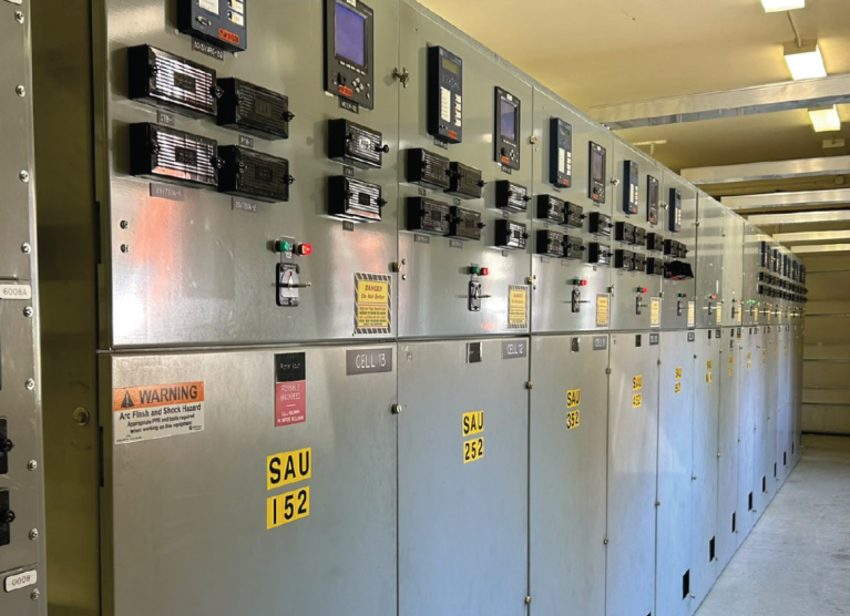 The inside of an electrical substation.