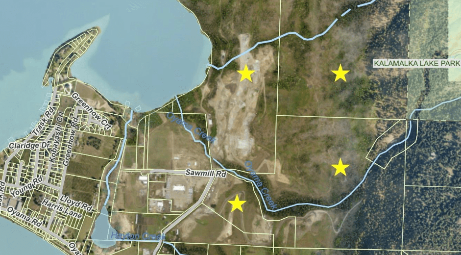 Priciest piece of Okanagan real estate hits the market at $45M | iNhome A map of lake counrty with the plots for sale marked.
