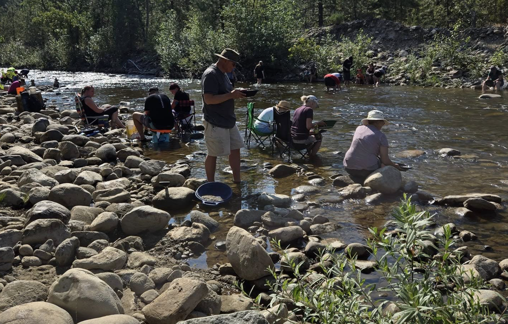 A bunch of people standing or sitting in a creek gold panning.