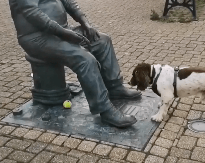 A dog looking at a ball underneath a statue of a man sitting.
